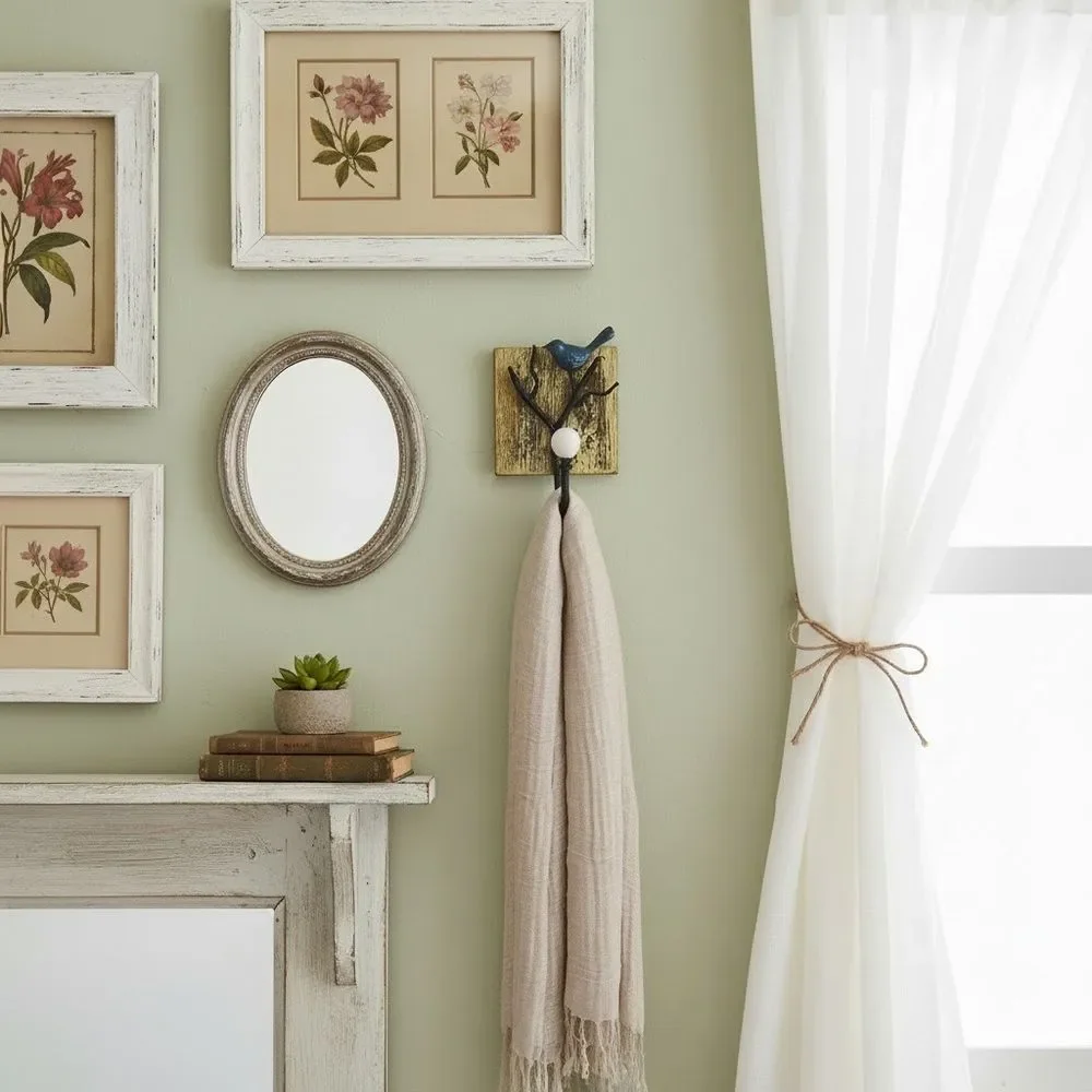 Rustic Wood Mounted Bird on Branch Wall Hook Rustic Farmhouse Cottagecore